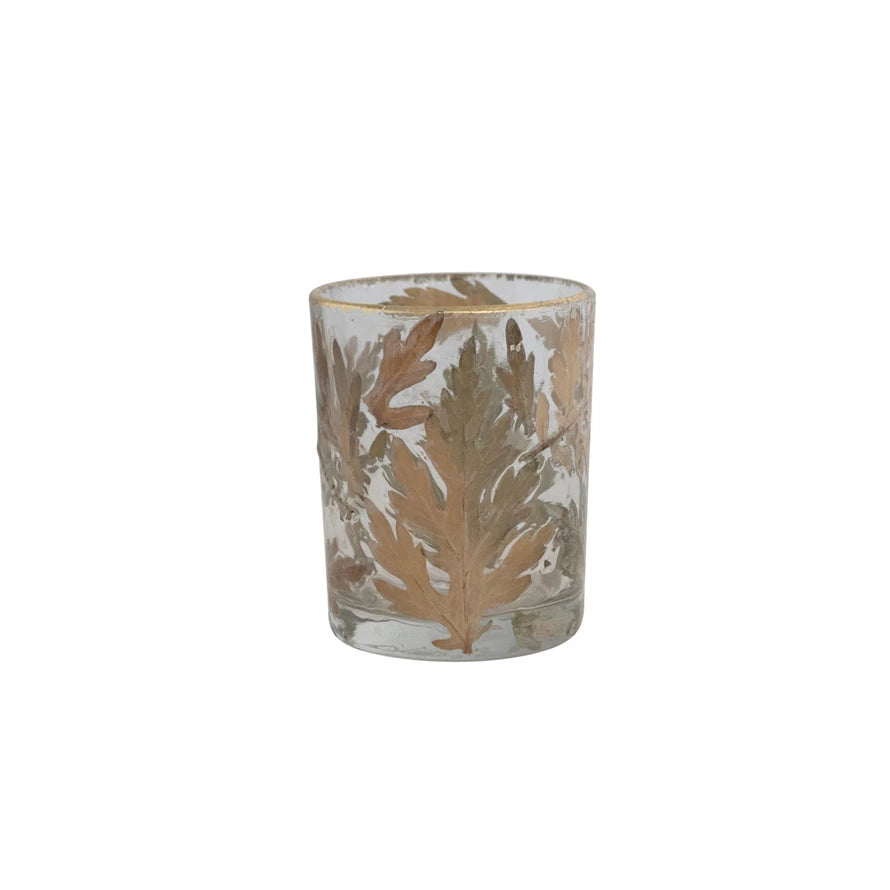 Glass Tealight Holder w/ Embedded Natural Oak Leaves &amp; Gold Rim