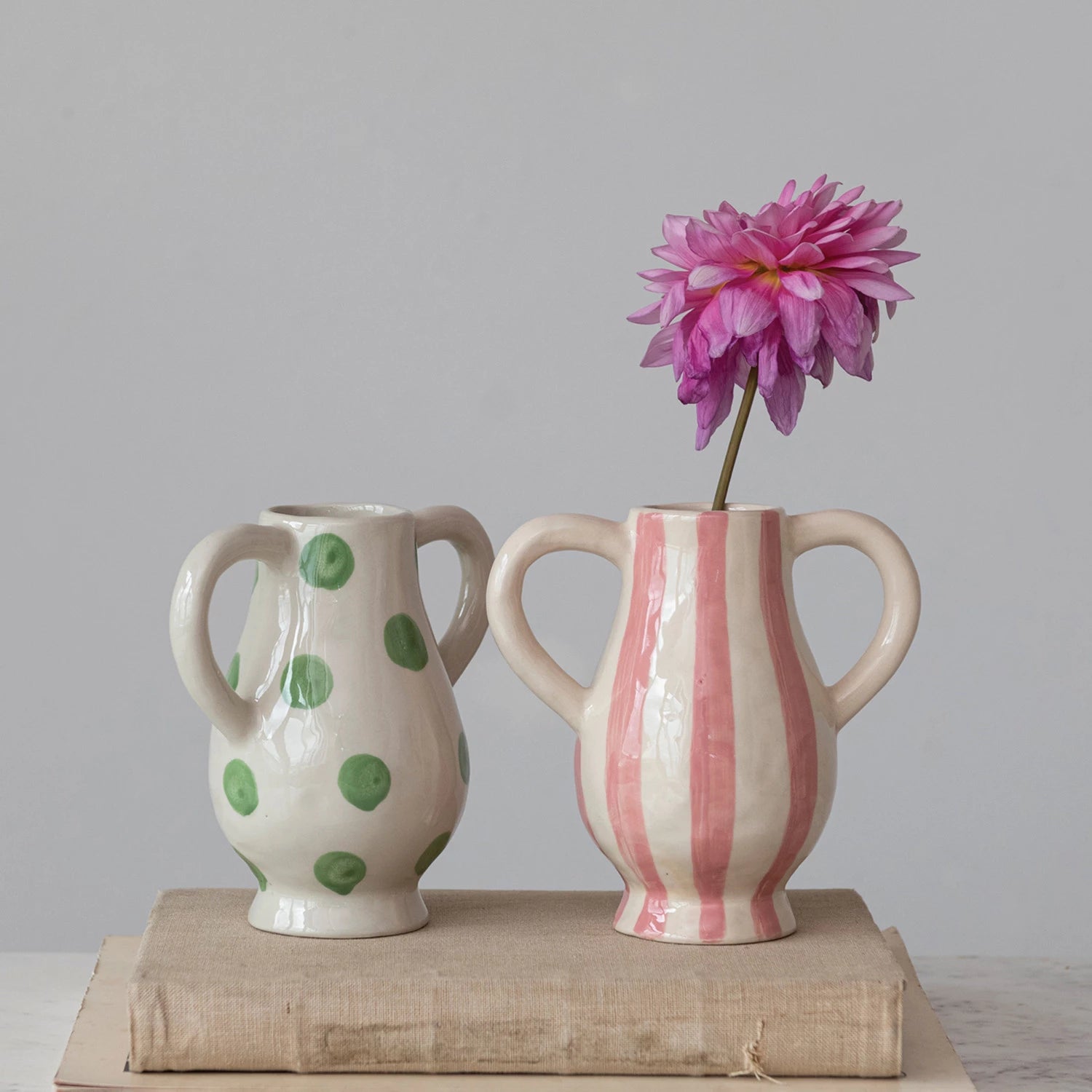 Hand-Painted Stoneware Vase w/ Handles, 2 Styles